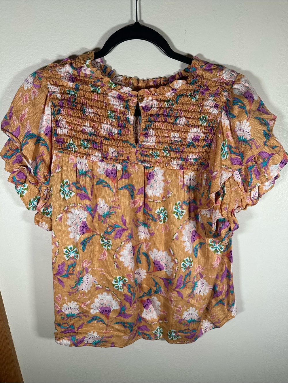Democracy Floral Smocked Flutter Sleeve Blouse Mustard Purple Petite Medium PM